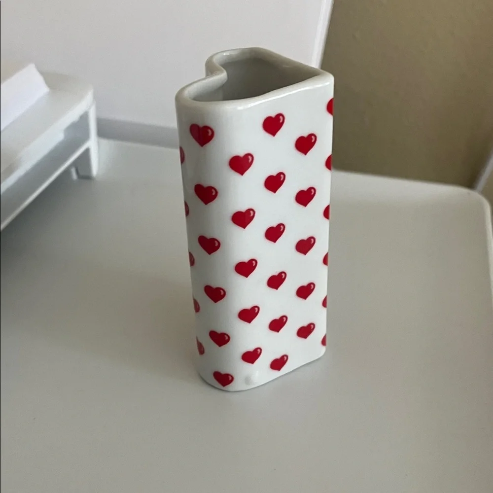 vintage small porcelain red Heart Patterned White Vase